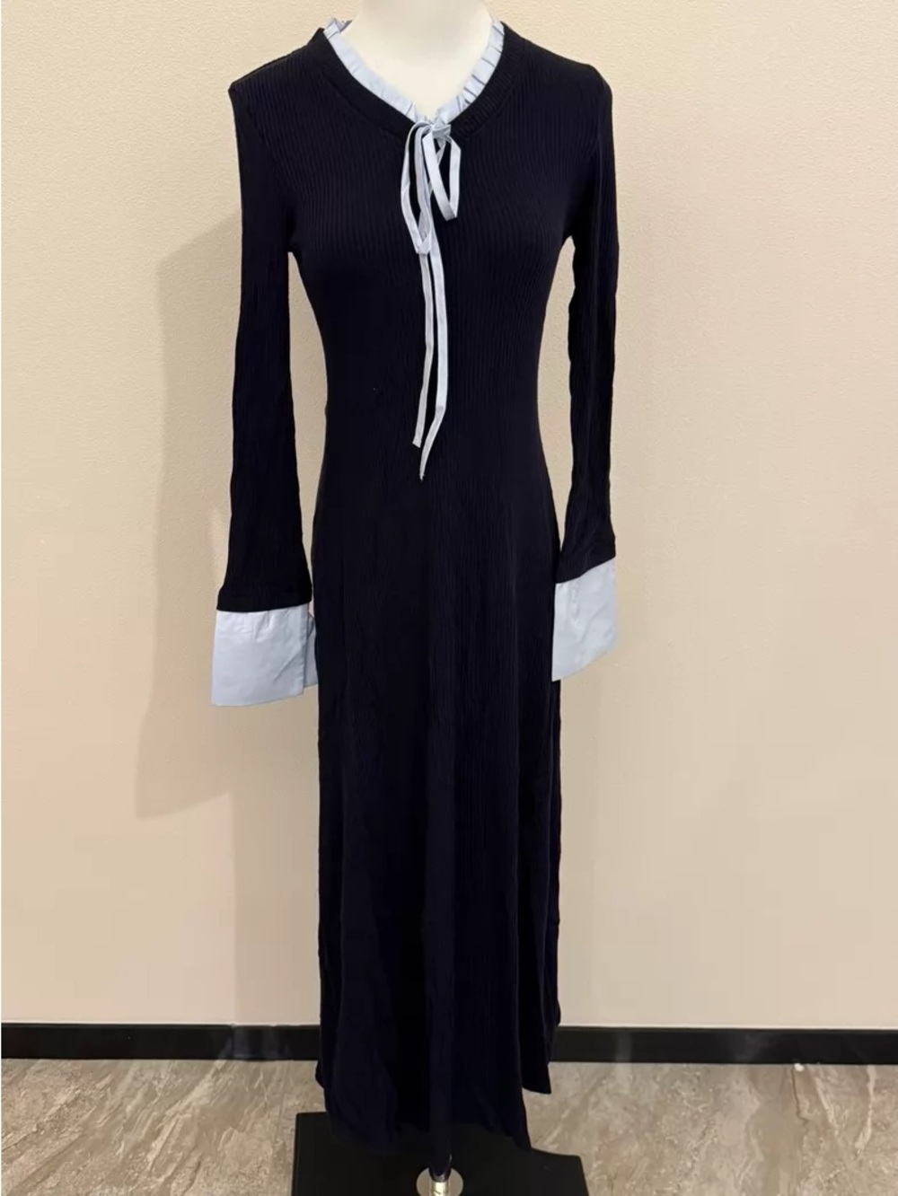 Long Black Maxi Dress with White Trim and Tie